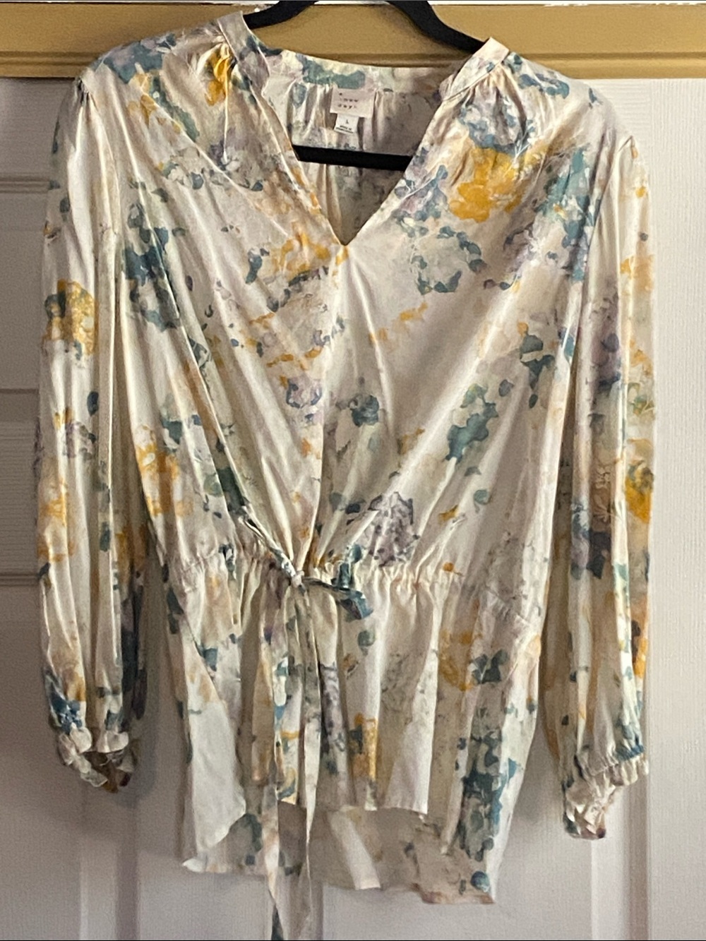 A New Day Large Floral Tie-Waist V-Neck Blouse - Cream with Yellow & Teal